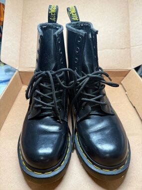 Dr. Martens Black Leather Lace-Up Boots with Yellow Stitching